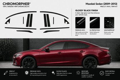 Chromorpher vinyl window trim chrome delete kit for a Mazda sedan (2009-2013), featuring a red car on a dark gray background with product diagrams and feature callouts.