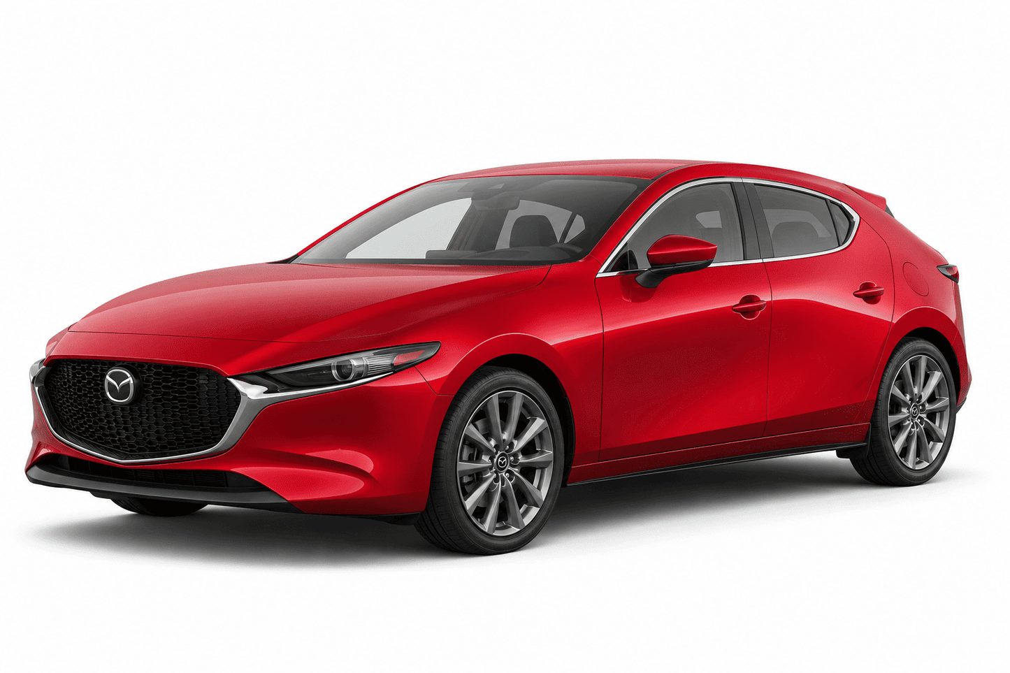A red Mazda hatchback sedan shown at a three-quarter front angle on a clean white studio background.