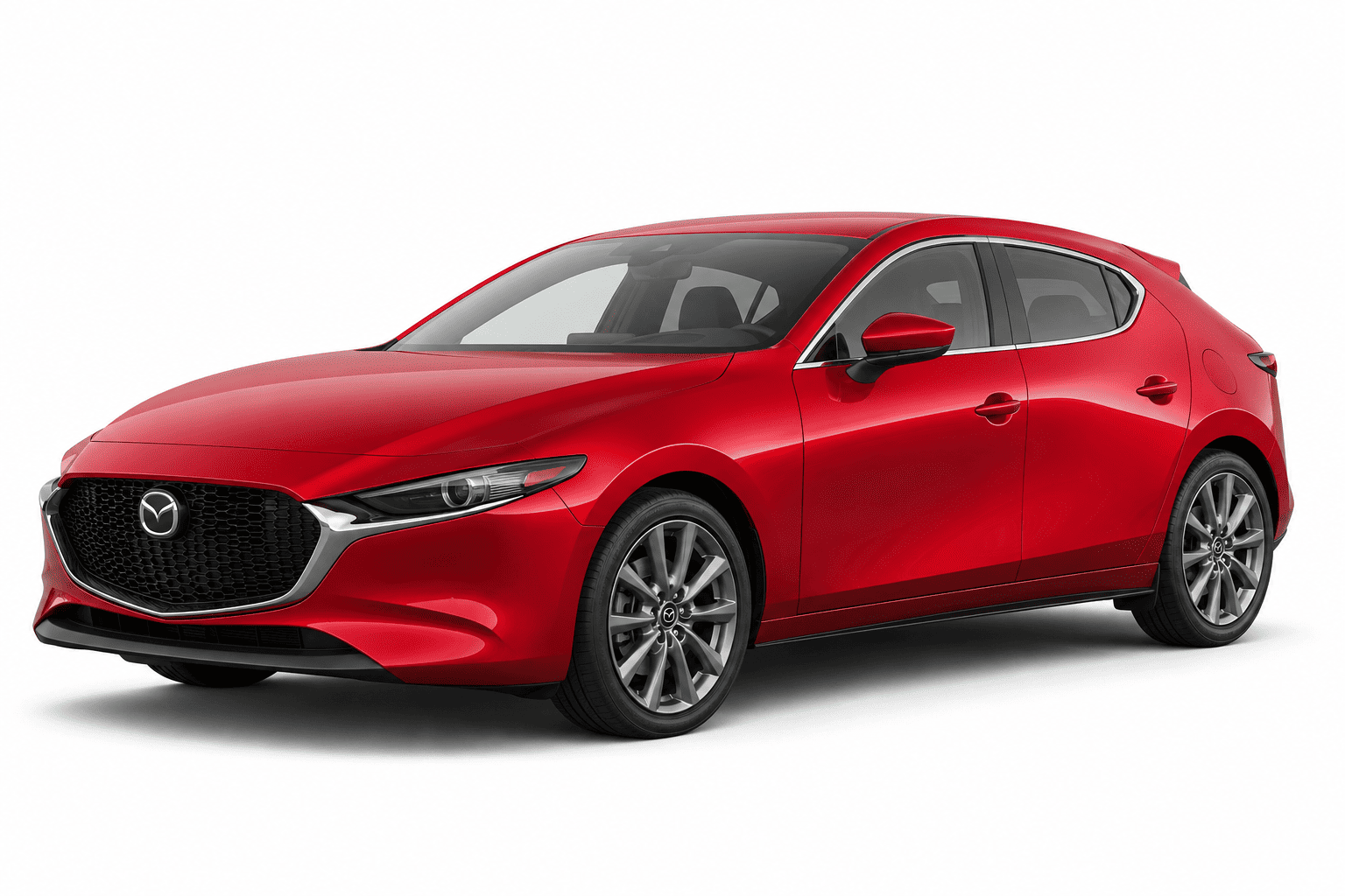 A red Mazda hatchback sedan shown at a three-quarter front angle on a clean white studio background.