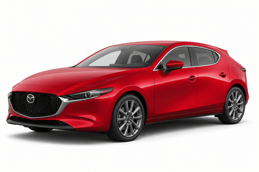 A red Mazda hatchback sedan shown at a three-quarter front angle on a clean white studio background.