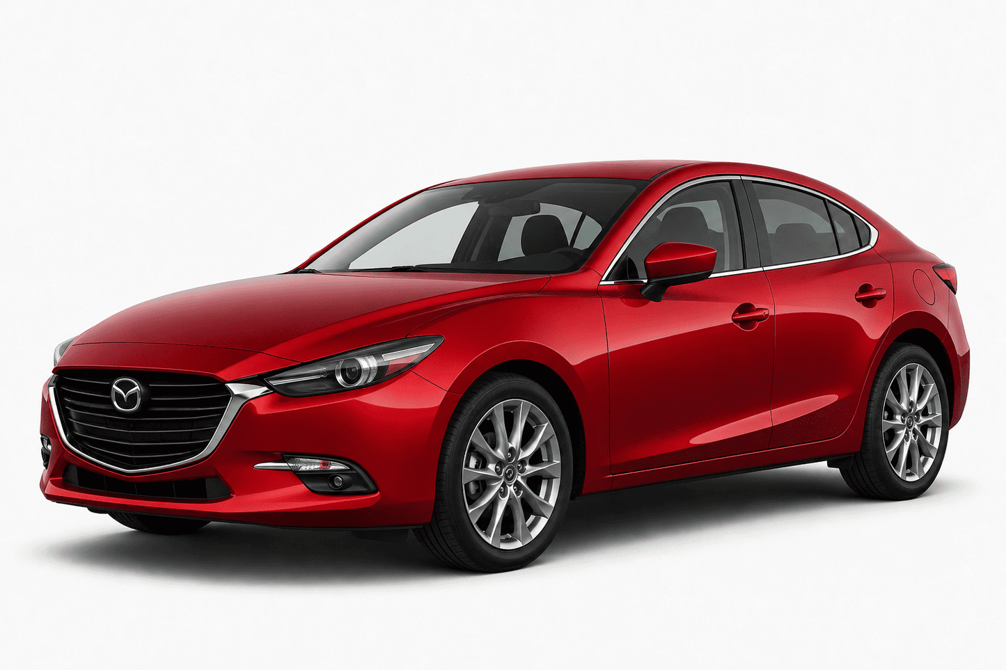 A red Mazda sedan photographed at a three-quarter front angle on a clean white studio background.