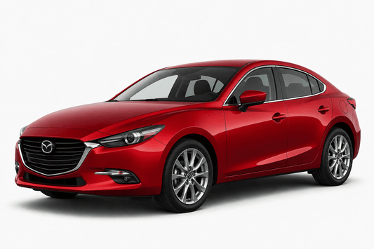 A red Mazda sedan photographed at a three-quarter front angle on a clean white studio background.