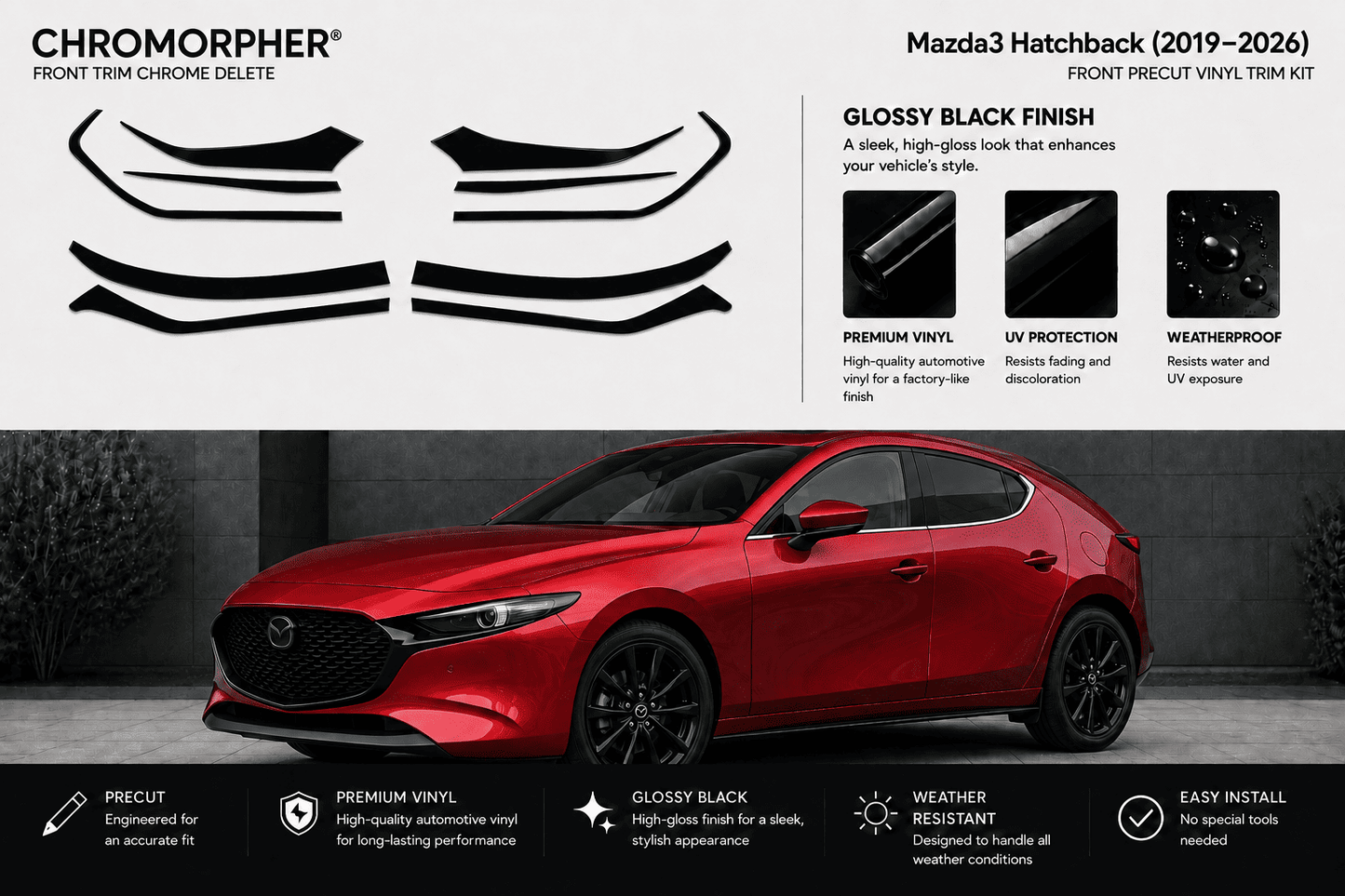 Chromorpher Front Trim Chrome kit for Mazda Hatchback (2019-2026) in glossy black finish, shown with multiple black decal pieces on a light gray background and a red Mazda3 car below demonstrating the installed look.