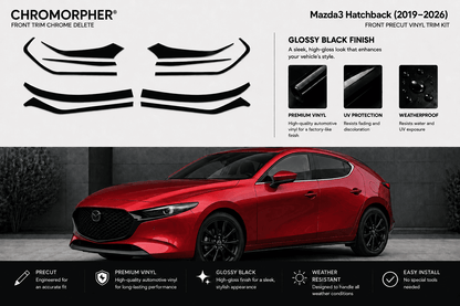 Chromorpher Front Trim Chrome kit for Mazda Hatchback (2019-2026) in glossy black finish, shown with multiple black decal pieces on a light gray background and a red Mazda3 car below demonstrating the installed look.