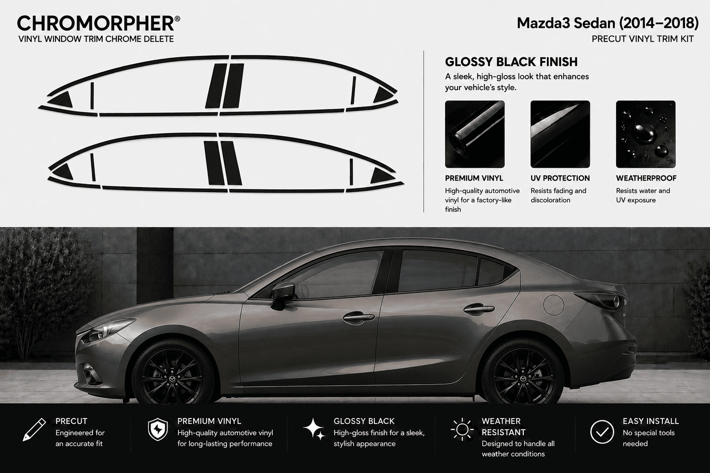 Chromorpher vinyl window trim chrome delete decal kit for a Mazda sedan (2014-2018), showing the black vinyl trim shapes on a white background with a gray car photo below.