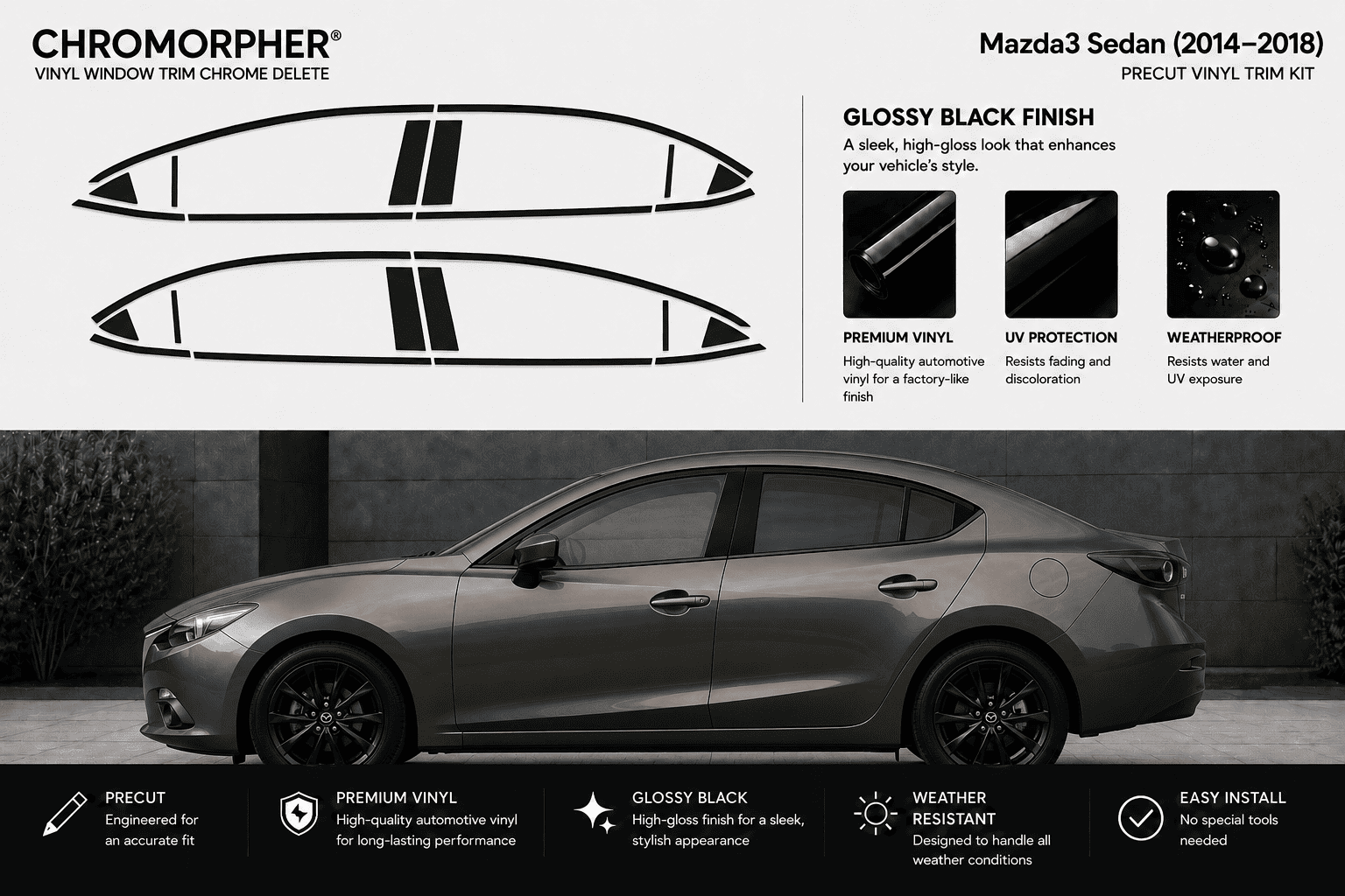 Chromorpher vinyl window trim chrome delete decal kit for a Mazda sedan (2014-2018), showing the black vinyl trim shapes on a white background with a gray car photo below.