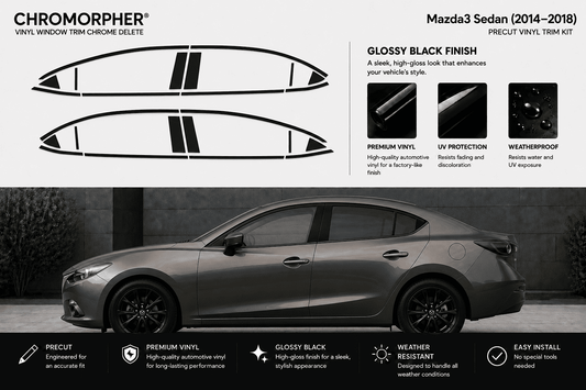 Chromorpher vinyl window trim chrome delete decal kit for a Mazda sedan (2014-2018), showing the black vinyl trim shapes on a white background with a gray car photo below.
