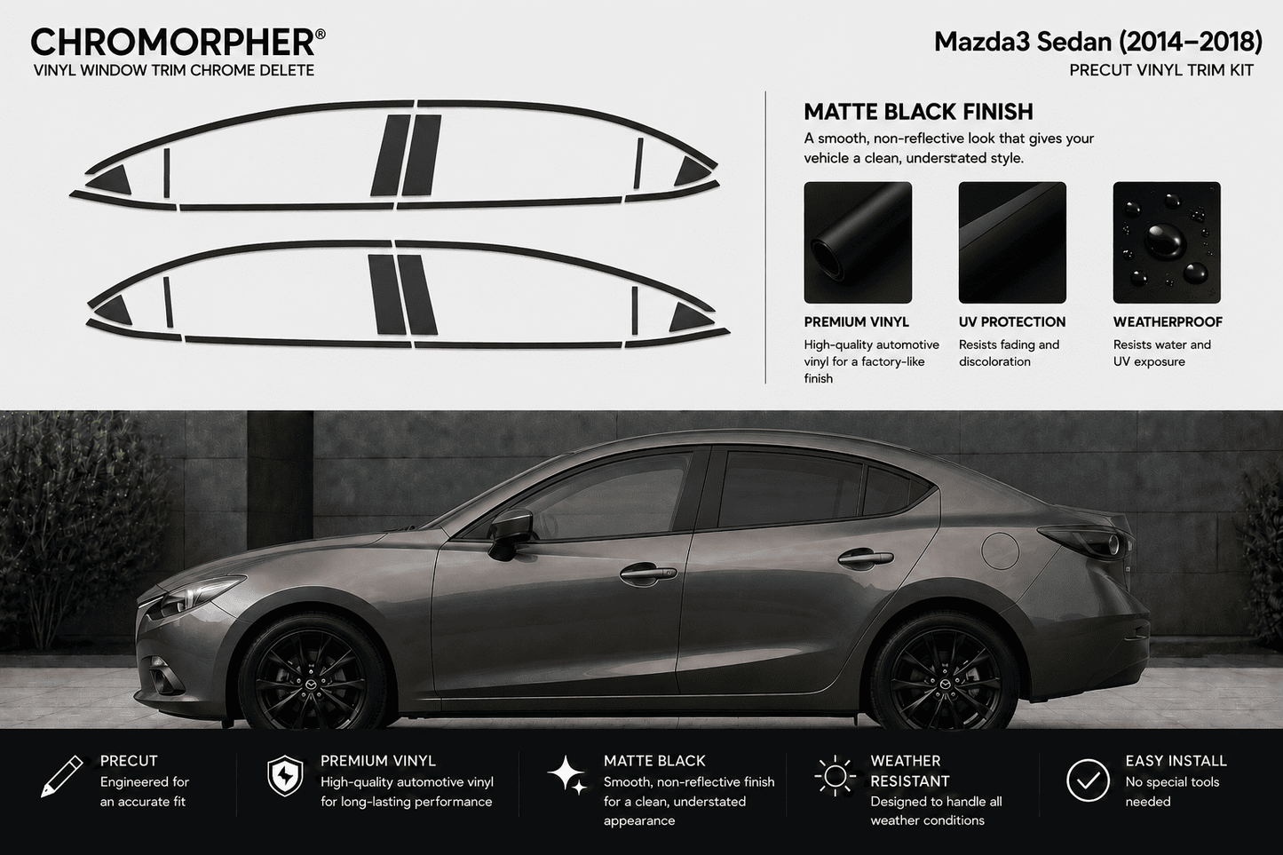 Chromorpher vinyl window trim chrome delete kit for a Mazda sedan (2014-2018), showing the black vinyl trim pieces on a white background with a dark gray car mockup below.