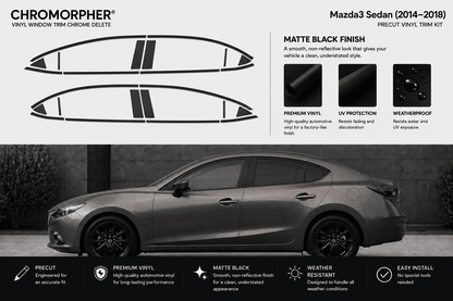 Chromorpher vinyl window trim chrome delete kit for a Mazda sedan (2014-2018), showing the black vinyl trim pieces on a white background with a dark gray car mockup below.