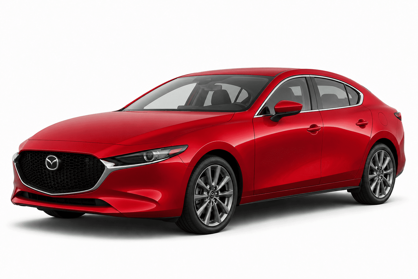A red Mazda sedan photographed on a clean white studio background, shown at a three-quarter front angle. The Mazda logo is visible on the front grille.