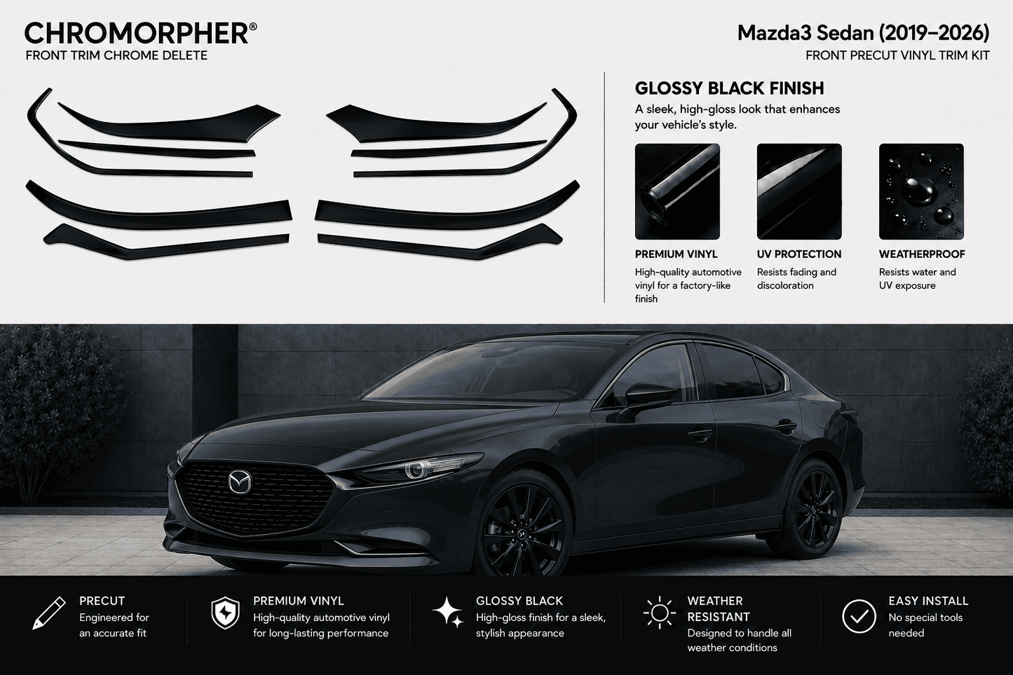 Chromorpher front trim chrome delete kit for Mazda 3 Sedan (2019-2026), shown with multiple black vinyl trim pieces on a light gray background and a black Mazda sedan below demonstrating the installed finish.