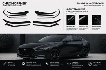 Chromorpher front trim chrome delete kit for Mazda 3 Sedan (2019-2026), shown with multiple black vinyl trim pieces on a light gray background and a black Mazda sedan below demonstrating the installed finish.
