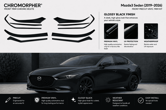 Chromorpher front trim chrome delete kit for Mazda 3 Sedan (2019-2026), shown with multiple black vinyl trim pieces on a light gray background and a black Mazda sedan below demonstrating the installed finish.