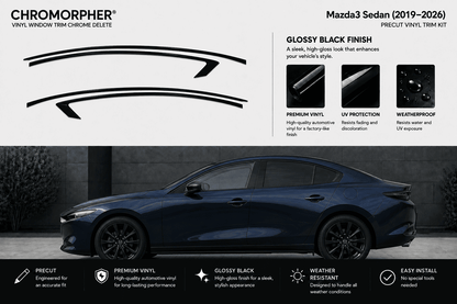 Chromorpher vinyl window trim chrome delete kit for a Mazda3 Sedan (2019-2026), featuring glossy black pre-cut trim pieces shown on a white background above a dark blue car on a gray background below.