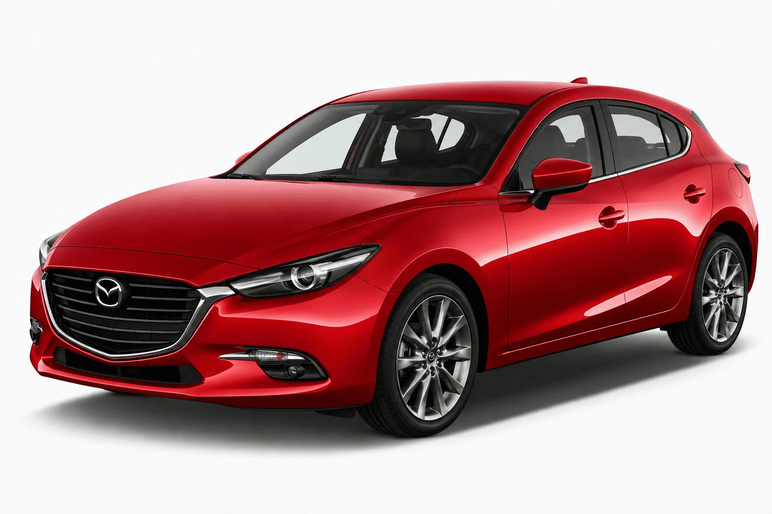 A red Mazda hatchback car shown from a three-quarter front angle on a clean white studio background.