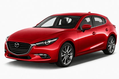 A red Mazda hatchback car shown from a three-quarter front angle on a clean white studio background.