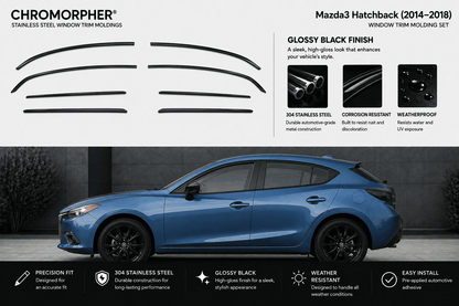 Chromorphor Mazda3 Hatchback (2014-2018) window trim molding set shown with multiple black curved strip pieces on a light gray background, plus a blue car photo demonstrating the glossy black finish. Text highlights gloss black finish, 304 stainless steel, corrosion resistance, weatherproof, and easy install.