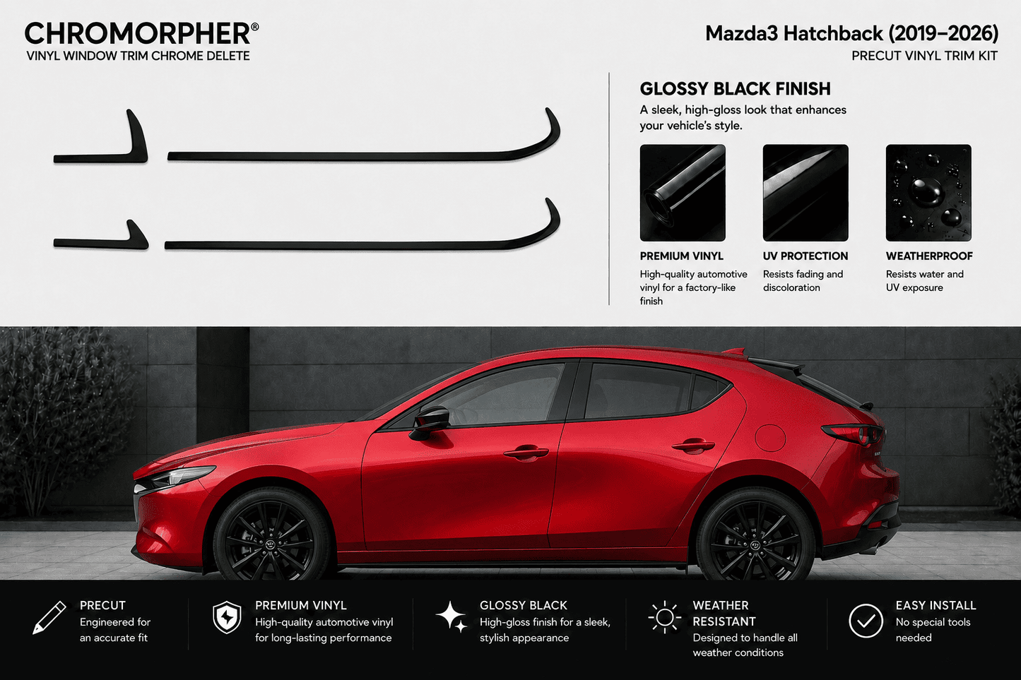 Chromorpher Precut Vinyl Trim Kit for Mazda3 Hatchback (2019-2026) in glossy black finish. The image features a red Mazda3 hatchback car on a dark gray background, with black vinyl trim pieces shown on the top left, and feature callouts on the right and bottom.