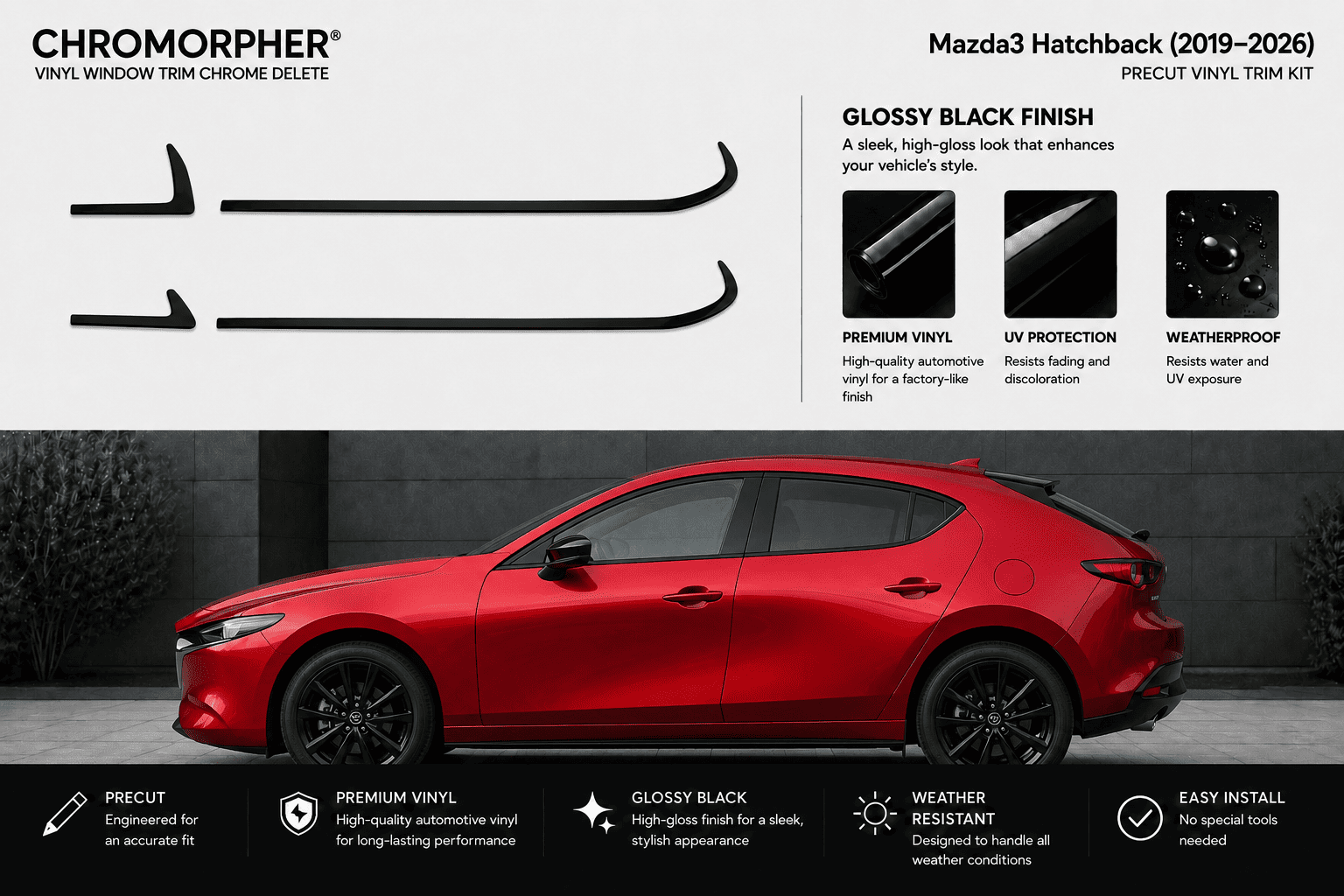 Chromorpher Precut Vinyl Trim Kit for Mazda3 Hatchback (2019-2026) in glossy black finish. The image features a red Mazda3 hatchback car on a dark gray background, with black vinyl trim pieces shown on the top left, and feature callouts on the right and bottom.