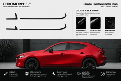 Chromorpher Precut Vinyl Trim Kit for Mazda3 Hatchback (2019-2026) in glossy black finish. The image features a red Mazda3 hatchback car on a dark gray background, with black vinyl trim pieces shown on the top left, and feature callouts on the right and bottom.