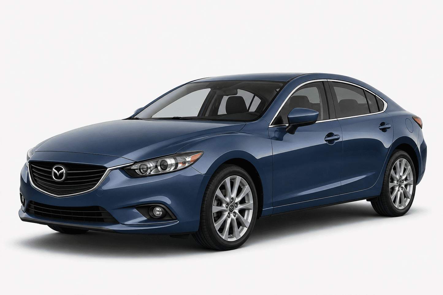 A blue Mazda sedan photographed at a three-quarter front angle on a clean light gray studio background.
