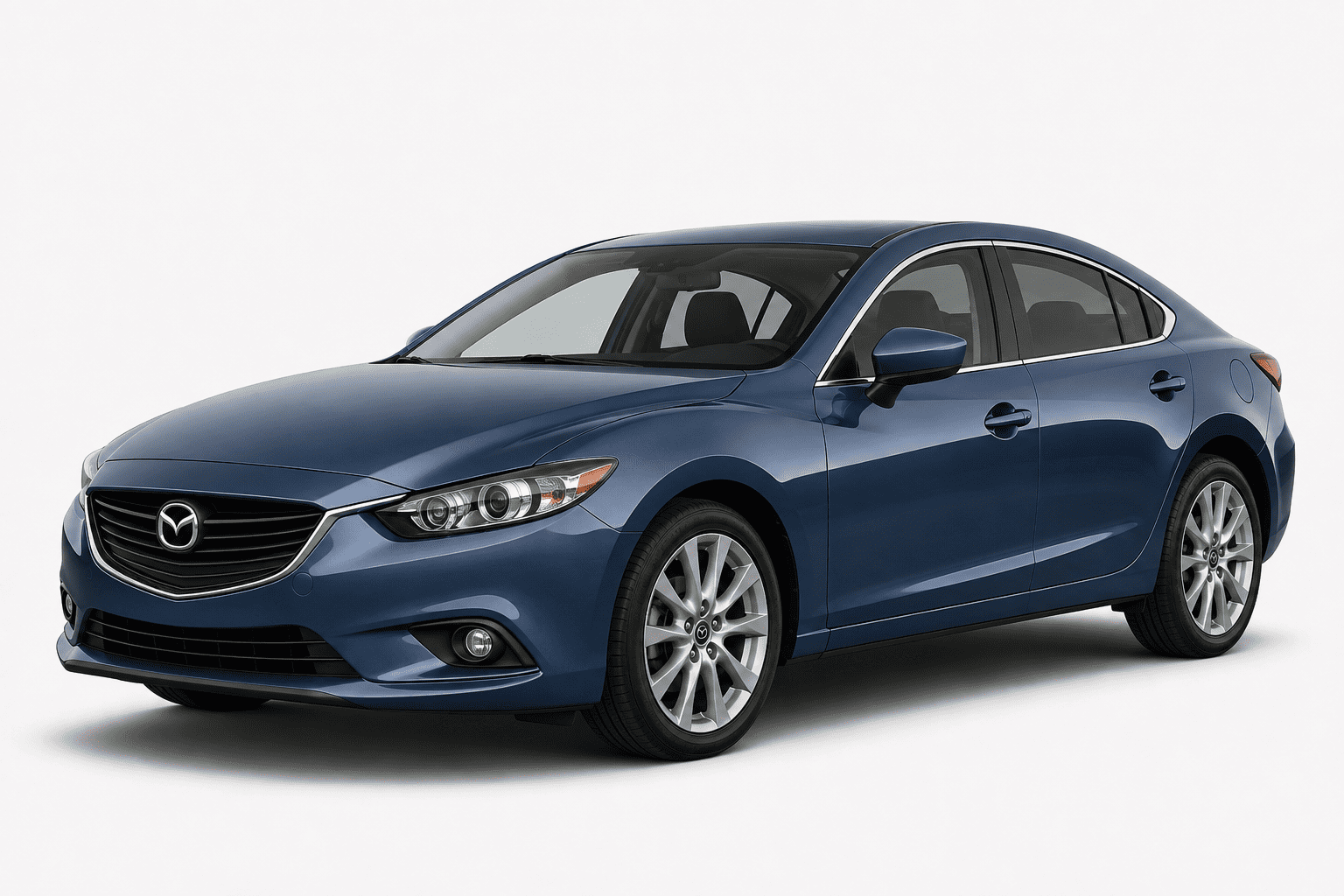 A blue Mazda sedan photographed at a three-quarter front angle on a clean light gray studio background.