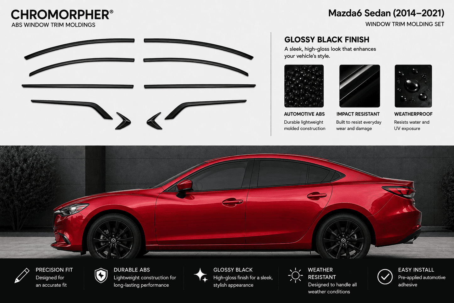 Chromorpher ABS window trim molding set for a Mazda sedan, showing multiple glossy black trim pieces on a white background above a red car in a dark setting. Text highlights gloss black finish, automotive ABS, impact resistance, weatherproofing, precision fit, durability, and easy installation.