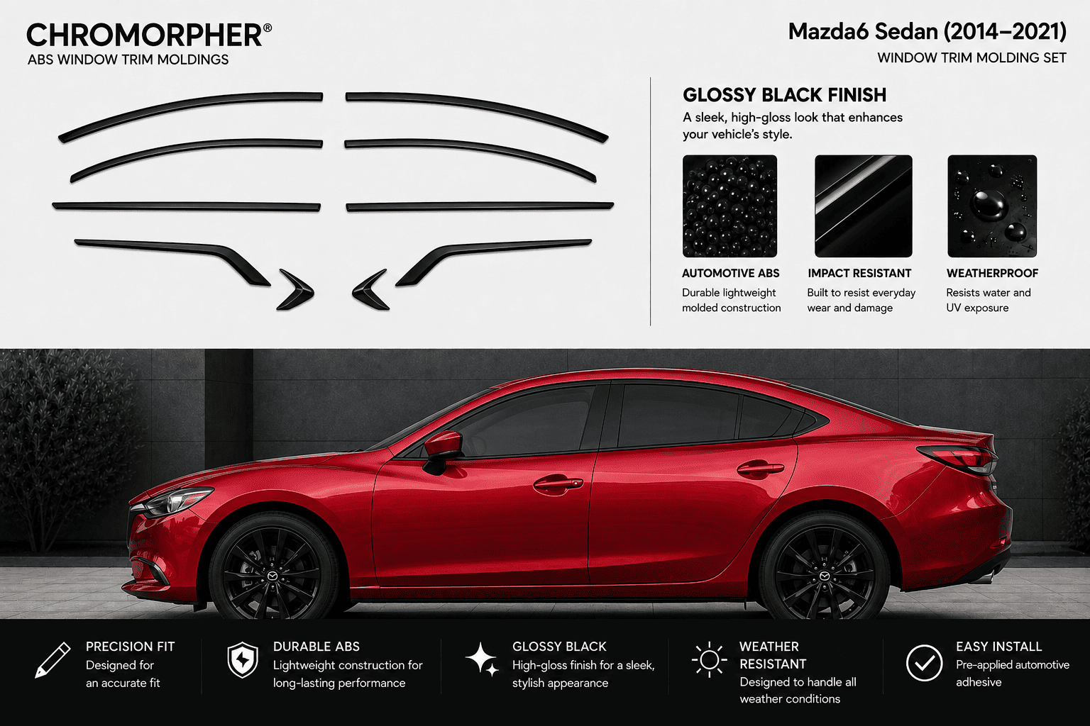 Chromorpher ABS window trim molding set for a Mazda sedan, showing multiple glossy black trim pieces on a white background above a red car in a dark setting. Text highlights gloss black finish, automotive ABS, impact resistance, weatherproofing, precision fit, durability, and easy installation.