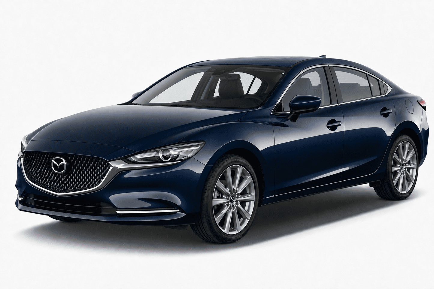A dark blue Mazda sedan photographed in a clean studio setting with a light gray background. The front grille and Mazda emblem are visible, along with the side and rear quarter panels, alloy wheels, and tinted windows.