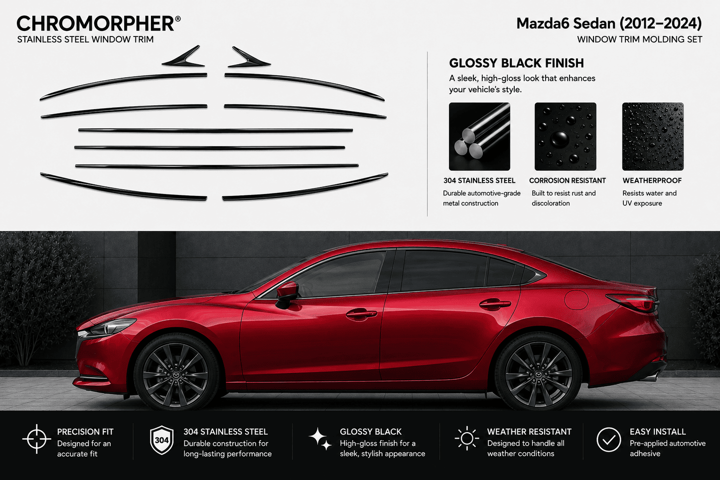 Chromorpher Mazda6 Sedan glossy black window trim molding set, featuring black line drawings of the trim pieces on a white background, a red Mazda6 sedan showing the installed fitment, and feature icons at the bottom.