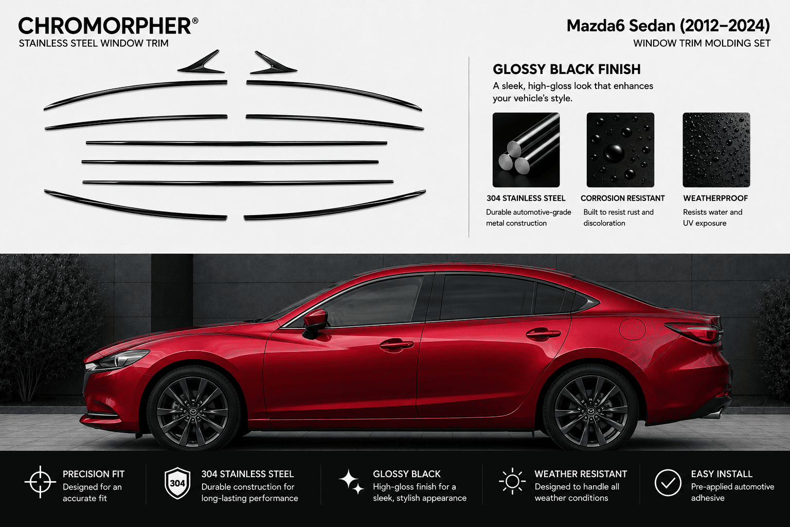 Chromorpher Mazda6 Sedan glossy black window trim molding set, featuring black line drawings of the trim pieces on a white background, a red Mazda6 sedan showing the installed fitment, and feature icons at the bottom.