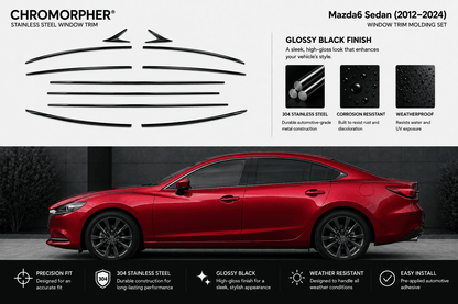 Chromorpher Mazda6 Sedan glossy black window trim molding set, featuring black line drawings of the trim pieces on a white background, a red Mazda6 sedan showing the installed fitment, and feature icons at the bottom.