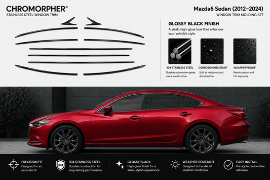 Chromorpher Mazda6 Sedan glossy black window trim molding set, featuring black line drawings of the trim pieces on a white background, a red Mazda6 sedan showing the installed fitment, and feature icons at the bottom.