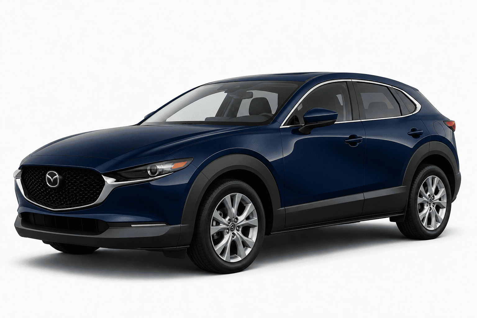 A dark blue Mazda CX-30 SUV shown from a three-quarter front angle on a clean white studio background.