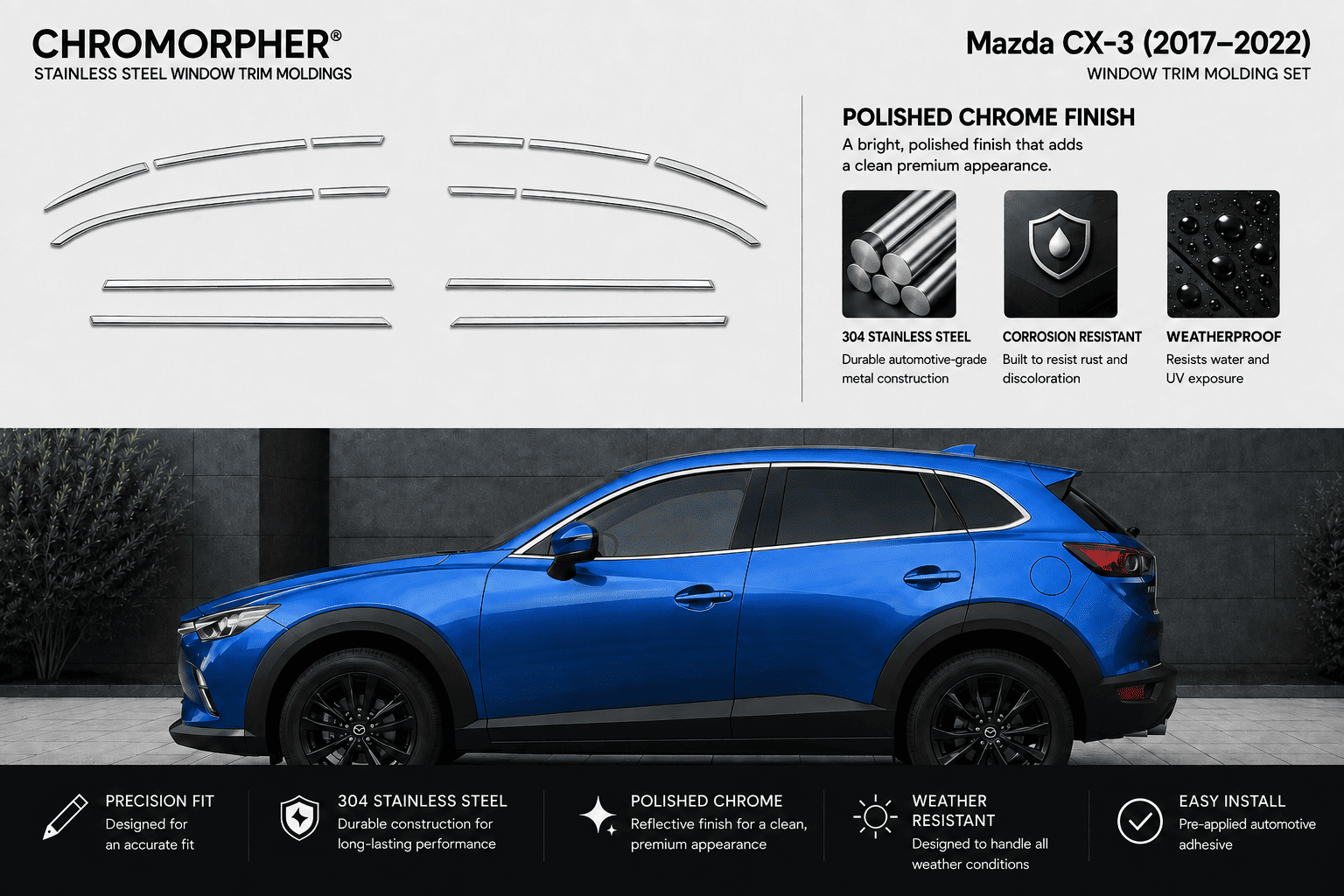 Chromorphor Mazda CX-3 stainless steel window trim molding set shown with a blue Mazda CX-3 SUV on a dark outdoor background. The top section shows the trim pieces and feature callouts for polished chrome finish, while the bottom section includes feature icons and text.