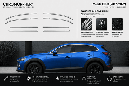 Chromorphor Mazda CX-3 stainless steel window trim molding set shown with a blue Mazda CX-3 SUV on a dark outdoor background. The top section shows the trim pieces and feature callouts for polished chrome finish, while the bottom section includes feature icons and text.