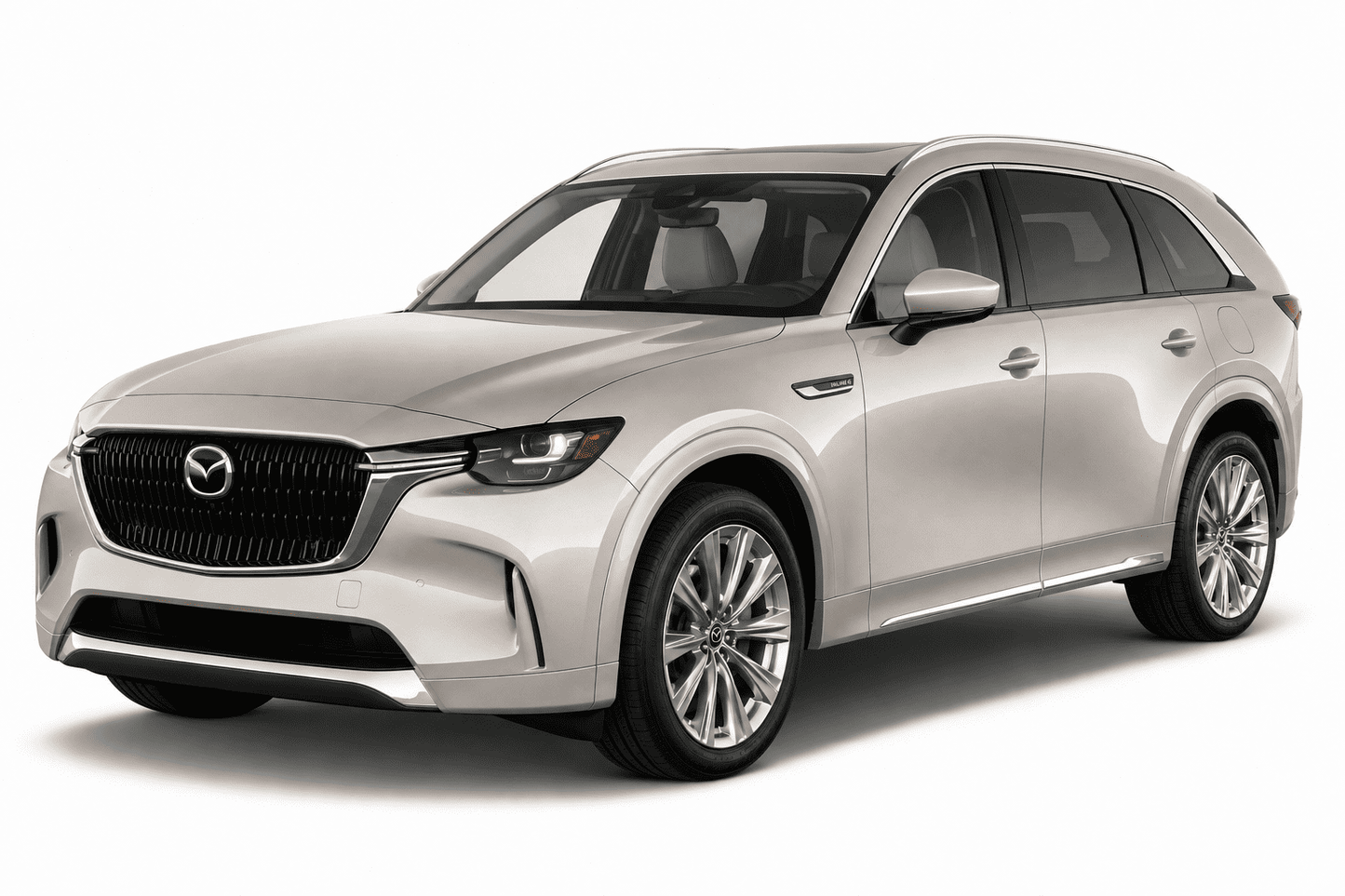 A silver Mazda CX-90 SUV shown from a three-quarter front angle on a clean white background.