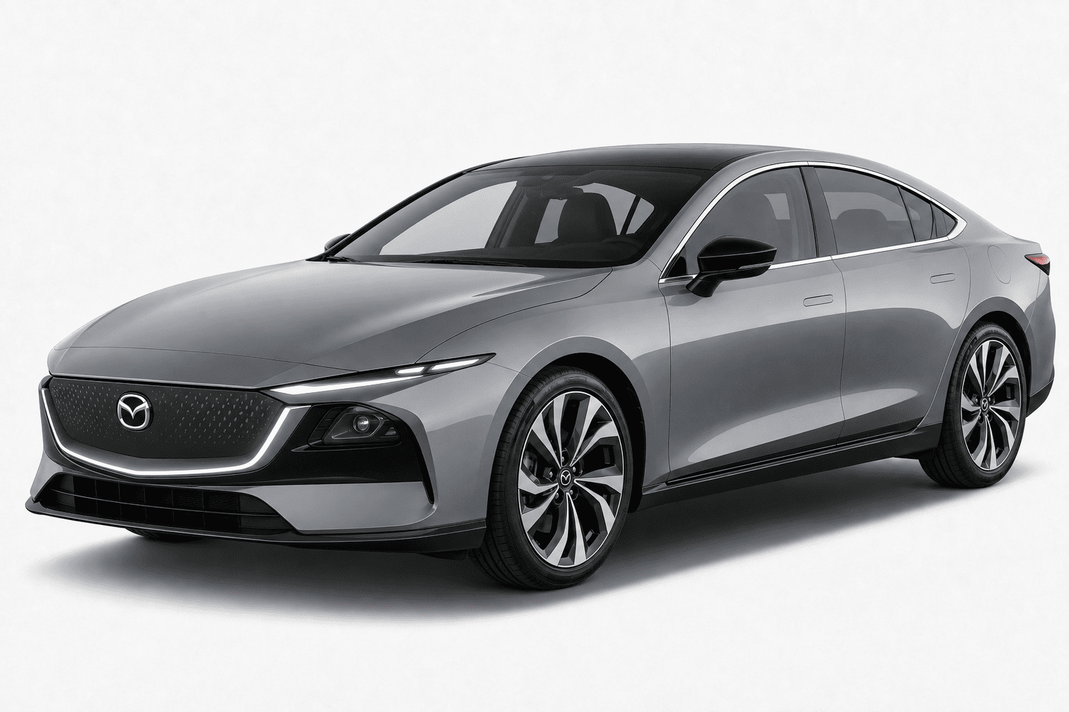 A silver-gray sedan shown at a three-quarter front angle on a clean light gray studio background. The Mazda logo is visible on the front grille, identifying the brand.