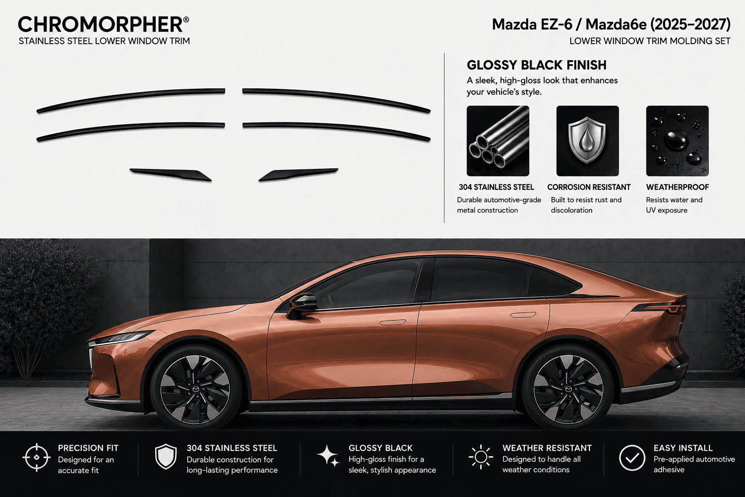 Chromorphor Mazda EZ-6 / Mazda6 (2025-2027) glossy black lower window trim set shown with four black trim pieces on a white background above a copper-colored sedan in a dark studio setting.