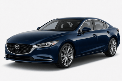 A dark blue Mazda sedan photographed at a three-quarter front angle on a clean light gray studio background.