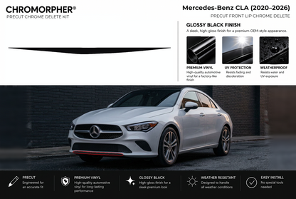 ChroMorpher Mercedes-Benz CLA front lip precut chrome delete kit (2020–2026) showing the precut vinyl pieces and the trim area outlined in red.