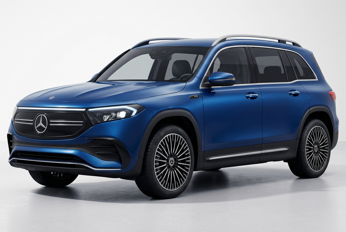 Mercedes-Benz EQB (2022–2026) shown from a front three-quarter angle on a light studio background.