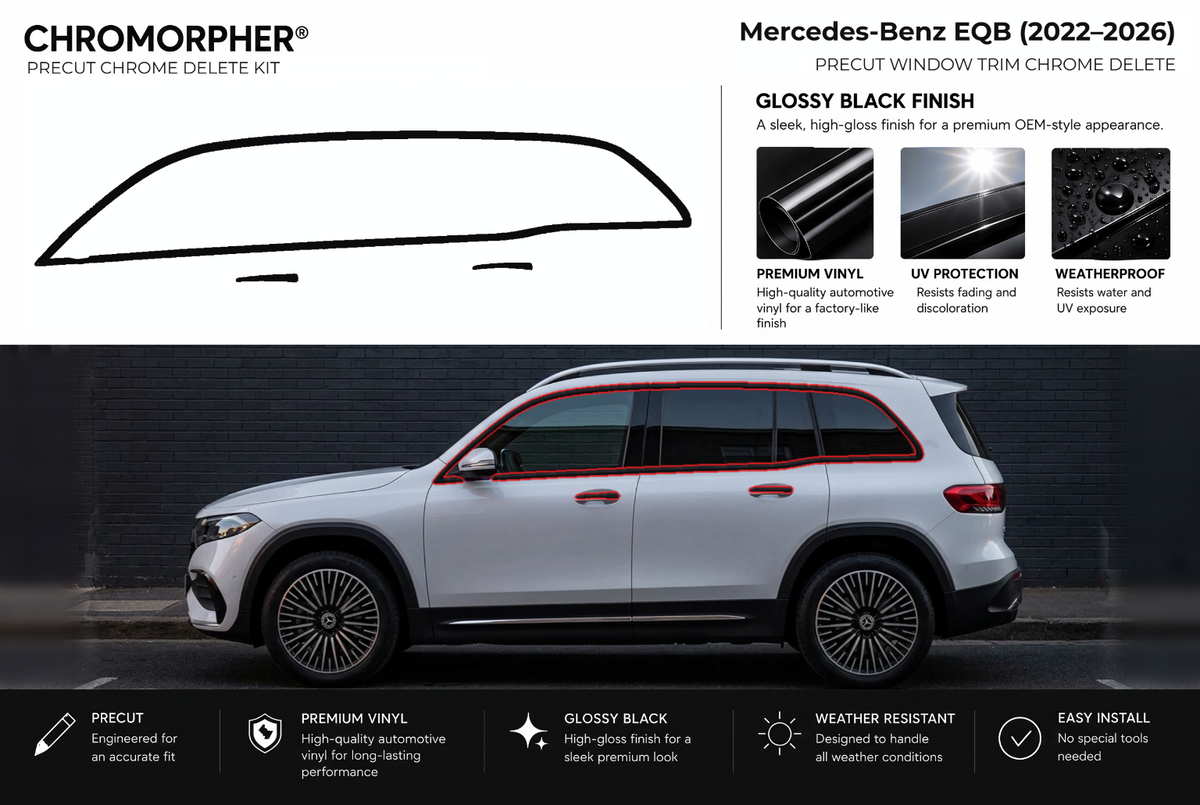 ChroMorpher Mercedes-Benz EQB window trim precut chrome delete kit (2022–2026) showing the precut vinyl pieces and the trim area outlined in red.