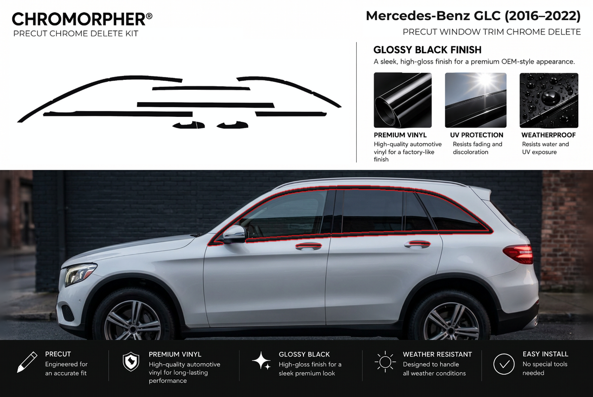 ChroMorpher Mercedes-Benz GLC window trim precut chrome delete kit (2016–2022) showing the precut vinyl pieces and the trim area outlined in red.