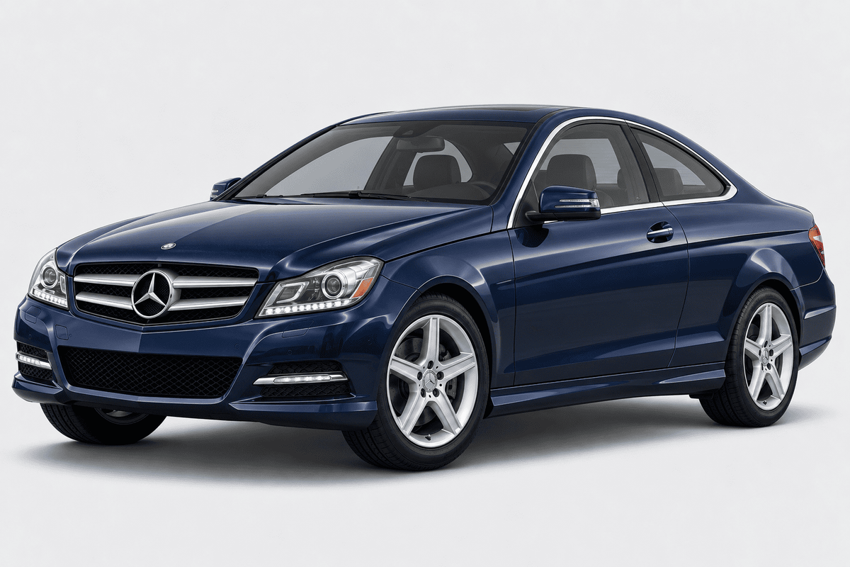 A dark blue Mercedes-Benz coupe sedan shown from a three-quarter front angle on a light gray studio background.