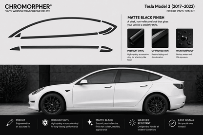 Chromorpher Tesla Model 3 (2017-2022) vinyl window trim chrome delete kit graphic showing black decal outlines on a white car, with feature callouts and installation benefits.