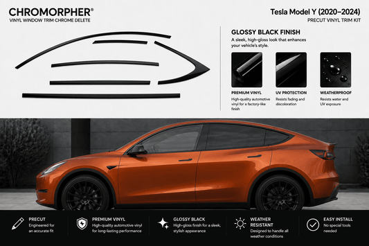 Chromorpher vinyl window trim chrome delete kit shown with a black outline of the trim path and feature callouts above a side view of an orange Tesla Model Y on a dark background.