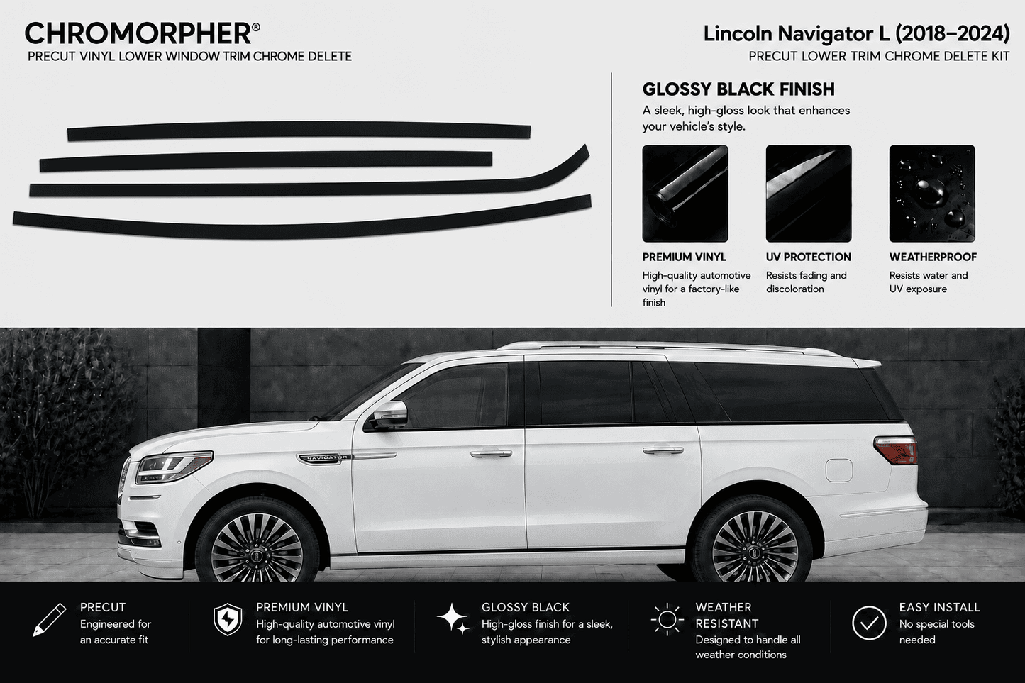 Chromorpher Lincoln Navigator L gloss black finish kit precut lower trim chrome delete kit, featuring black vinyl trim pieces at the top and a white SUV on a dark background below.