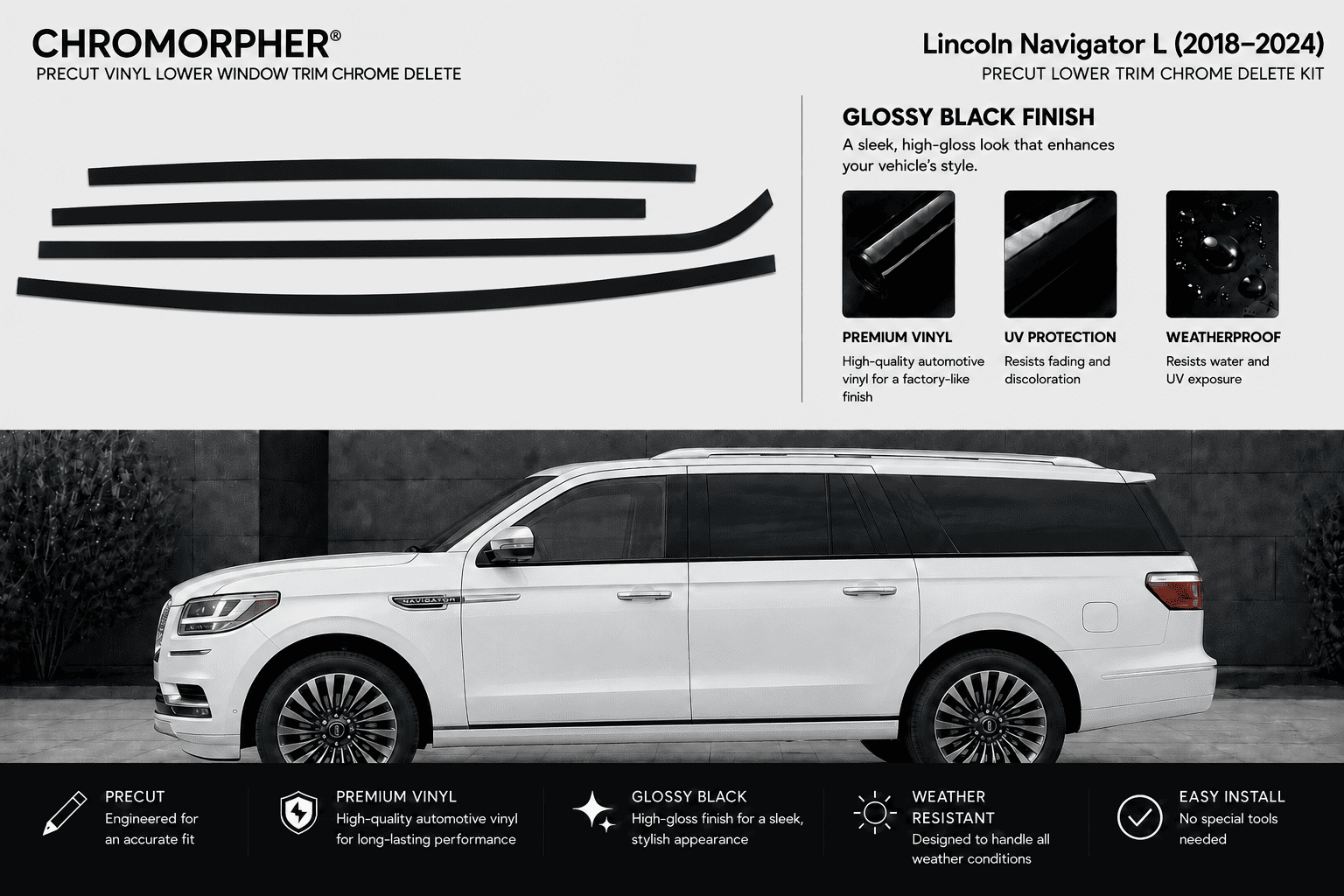 Chromorpher Lincoln Navigator L gloss black finish kit precut lower trim chrome delete kit, featuring black vinyl trim pieces at the top and a white SUV on a dark background below.