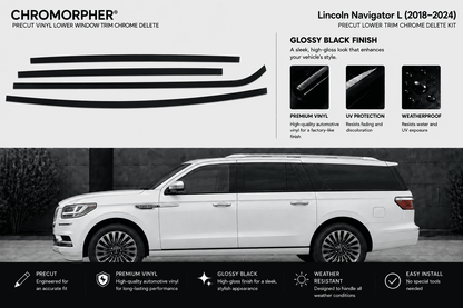 Chromorpher Lincoln Navigator L gloss black finish kit precut lower trim chrome delete kit, featuring black vinyl trim pieces at the top and a white SUV on a dark background below.